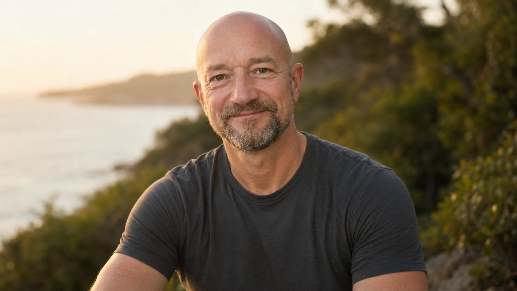 A relaxed portrait of Stefan outdoors near the coast.