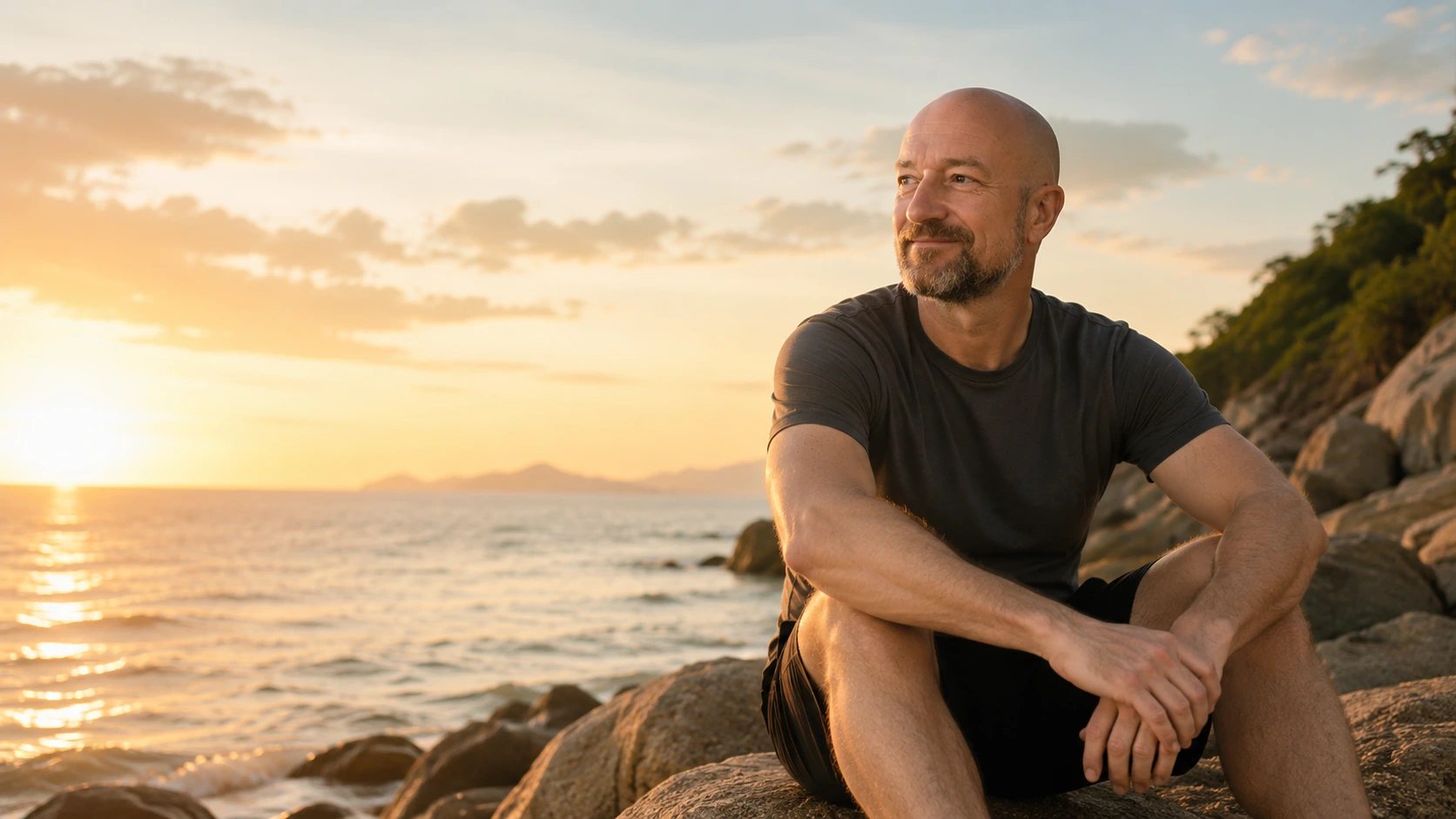 Stefan sitting quietly beside the ocean at sunset.